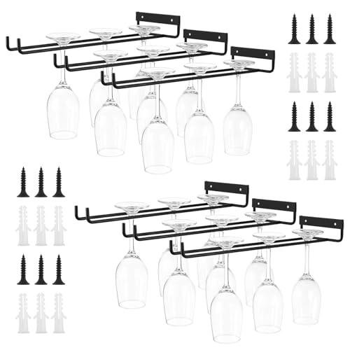 VIDETOL 6 Pièces Porte Verres Suspendu, 30 cm Support Verre a Pied Suspendu, Noir Supports pour Verres à Vin Sous Armoire en Métal pour Armoire, Bar, Cuisine