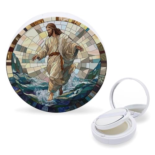 Hayyett Christ Jesus Walking on Water Stained Glass Air Cushion Puff Box Portable Cosmetic Makeup Case Container,Loose Powder Foundation Container