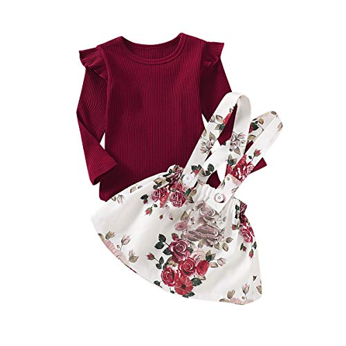 2PCS Newborn Baby Girl Clothes Ruffle Long Sleeve Romper Tops Floral Suspender Skirt Outfit Set Toddler Girl Overall Dress (Wine Red, 5-6 Years)