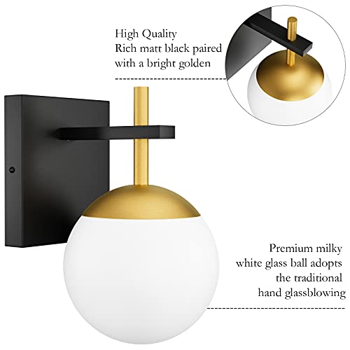 Image of Ralbay Black Gold Wall Sconce, Mid Century Modern Wall Lighting Fixtures Milky Glass Indoor Wall Lamp for Home Decor Bathroom Kitchen Living Room Vanity Hallway, Black and Gold 1 Light