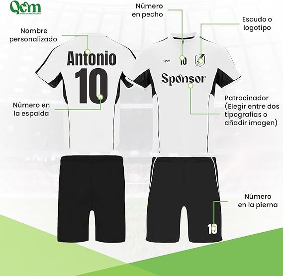 Equipación de Fútbol Personalizada — Camiseta y Pantalón — Personaliza Escudo Nombre y Número — Unisex — Niño y Adulto