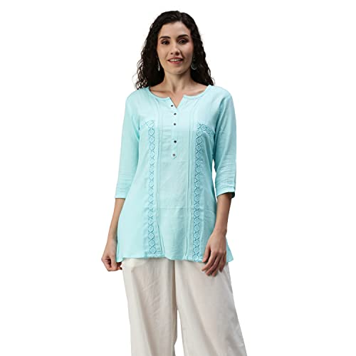 Image of SheWill Cotton Blend Stripe Print Embroidered A-Line Tunic