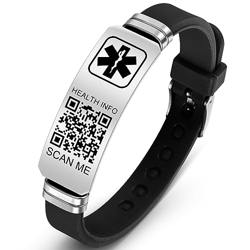 Theluckytag Medizinisches Armband mit QR-Code-Notfall-ID, aus Silikon, wasserdicht, passt bis 22,9 cm Handgelenk, Notfallinfo, mehr Platz, für Sport, Jungen/Mädchen/Damen/Herren, 9'', Silikon, Kein