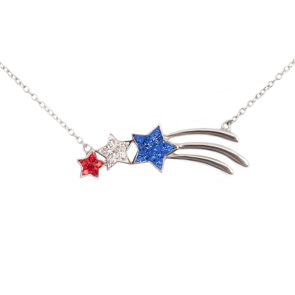 Annie & Sisters Red White and Blue Shooting Stars Crystal Sterling Silver Necklace 16"+2"