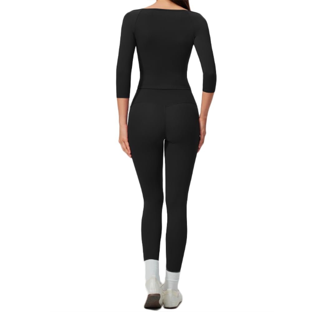 Completo yoga donna aderente con leggings a vita alta | Top corto a spalle scoperte maniche 3/4 abbinato a leggings a vita alta sollevaglutei, tessuto elastico per allenamento e uso