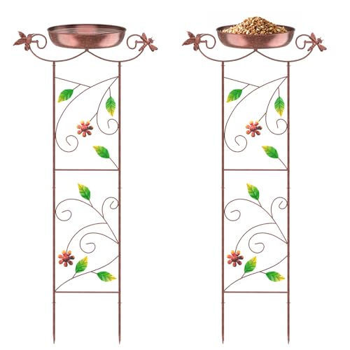 CADUKE 2 Pack Garden Trellis Bird Bath Outdoor, 40.5" Tall Metal Birdbath with Hummingbird Decor, Decorative Bird Bath Feeder Bowls for Outdoor Garden Yard Patio Lawn