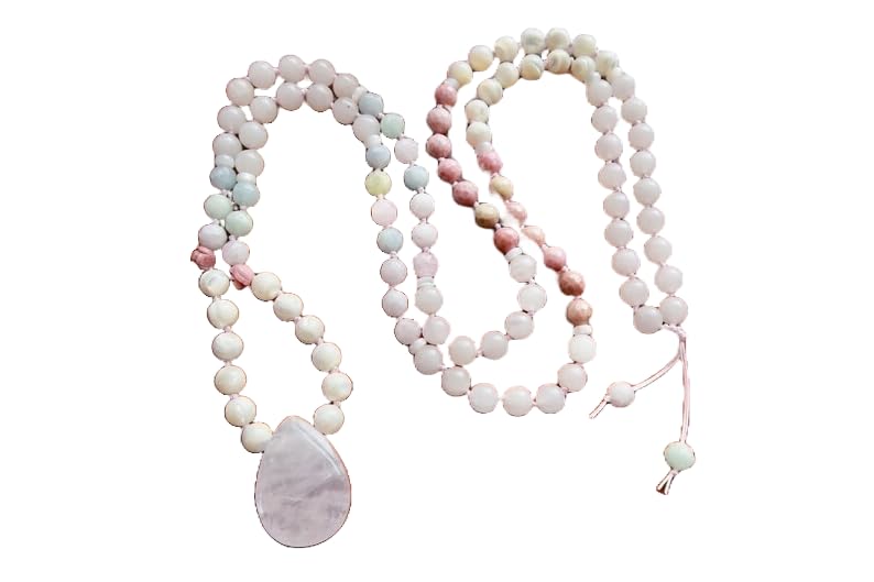 Rosenquarz, Trochidae-Muschel, Rhodonit, Morganit und Perlmutt, Mala-Perlen, 108 Mala-Halskette, geknotete Mala, WWG-Halskette, Yoga-Schmuck, Meditationsperlen, spiritueller Schmuck, Boho-Schmuck, 86