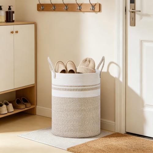 Image of 100L Extra Large Tall Cotton Rope Laundry Basket with Handle, White & Brown