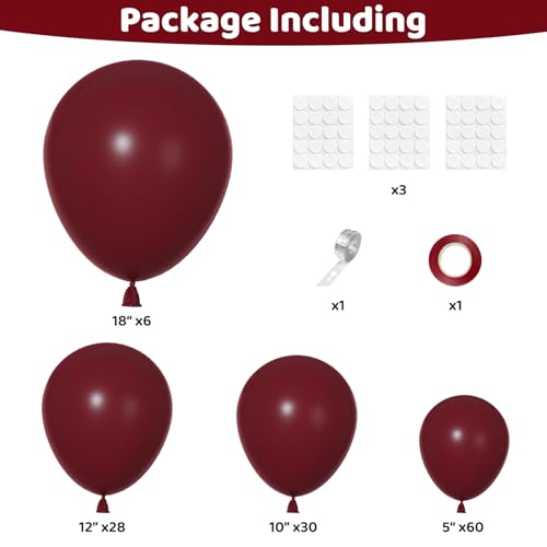 Image of Ouddy Party 129Pcs Burgundy Balloon Arch Garland Kit in 18 12 10 5 Inch | Different Sizes 6Pcs 18 inch Dark Red Maroon Latex Balloons for Birthday Fall Baby Shower Wedding Thanksgiving Party Decorations