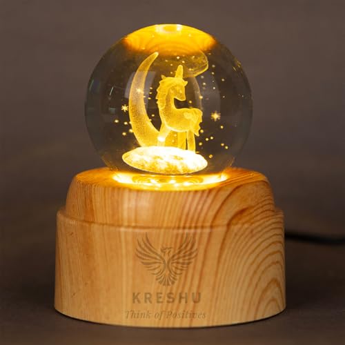 Image of KRESHU Unicorn Moon 3D Crystal Rotating Glass Ball Dimmable Warm LED Light Wooden Stand Luminous USB Cable Decoration Night Lights for Art Home Decoration Birthday Gift (Pack of 1)