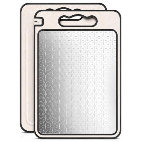 Image of 3 in 1 Double Sided Chopping Board with Built-in Knife Sharpener Garlic Grater Non-Slip Edges Reversible 304 Stainless Steel Scratch Resistant Mesh Cutting Boards for Vegetable Meat - (14.4 inch x 9.8 inch)