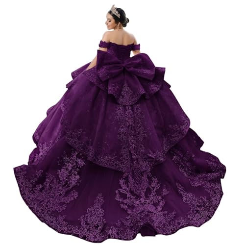 Mouccy Lace Quinceanera Dresses Ball Gown Puffy Beaded Sweet 16 Dresses with Ruffles Off Shoulder Pageant Dresses with Bow