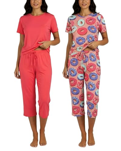 Image of Real Essentials 2 Pack: Womens Pajamas Short Sleeve Sleepwear Tops and Capri Pants Pjs Print Pajama Sets (Available In Plus)