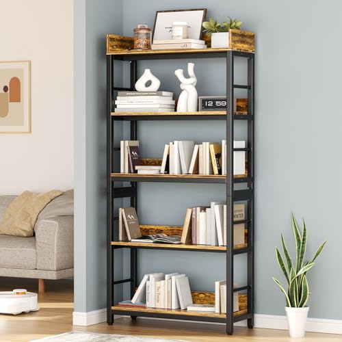 Image of Aquzee Bookshelf, 66 inch H 5-Tiers Heavy Duty Industrial Shelving Wood & Metal Bookcase, Rustic and Black Tall Shelf Units for Home, Office, Living Room