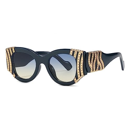 Lunettes de soleil tendance vintage avec monture en métal de couleur bleu jaune pour femme