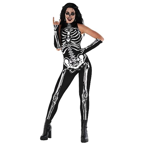 Morph Disfraz Esqueleto Mujer, Traje Sin Mangas con Calentadores, Disfraces para Halloween y Carnaval, M