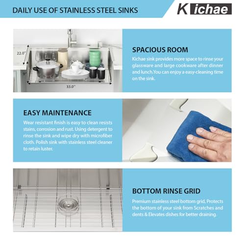 Image of Kichae 33 Drop In Kitchen Sink with Faucet- Stainless Steel Sinks 33 x 22 Workstation Sink Topmount Overmount Single Bowl Handmade Basin All Accessories Included