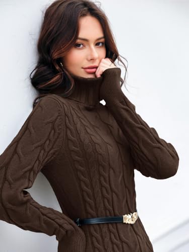 Image of Langwyqu Womens Cable Knit Long Sleeve Turtleneck Bodycon Sweater Dress