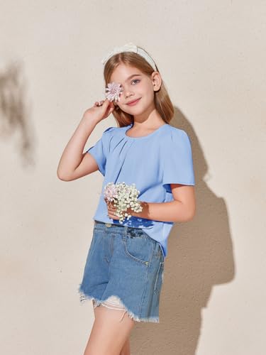 Image of Girls Shirts Summer Short Sleeve Cute Tops Chiffon Pleated Blouses 5-14 Years
