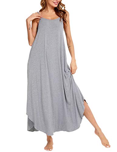 Image of SWOMOG Women Long Nightgown Pajama Dress Soft Strap Nightdress Summer Sleeveless Nightshirt Lounge Dress with Pockets Grey Large