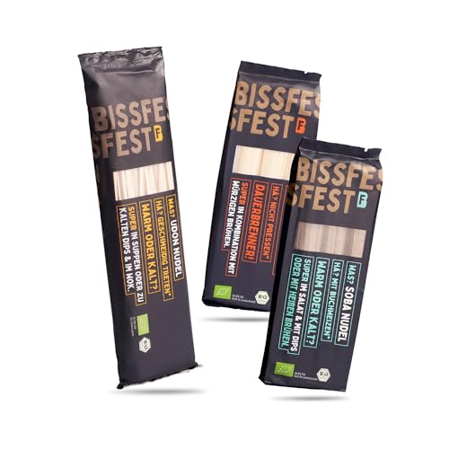 bissfest BIO Probierset asiatische Nudeln, 3 x 250 g (Soba, Udon, Ramen) - Asia Nudeln für japanische Gerichte im Probierpaket - Vegan