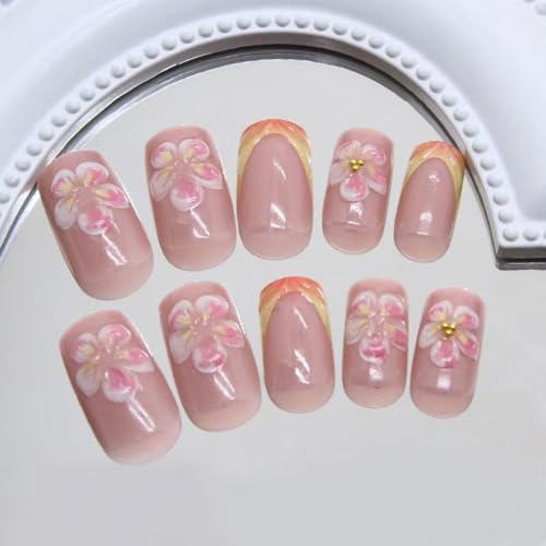 Image of Floral Press on Nails French Tip Fake Nails with Pink Ombre Design 5D Stripe False Nails Medium Square Glue on Nails Spring Nail Acrylic Full Cover Glossy Stick on Nails for Women Manicure 24Pcs