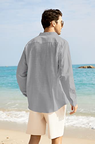 Coofandy Mens Linen Band Collar Shirts Long Sleeve Beach Shirts Casual Breathable Button Top For Summer (Light Grey Xxxl) #TOP13
