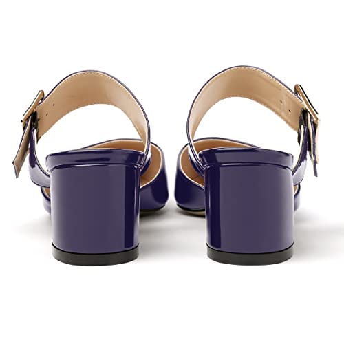 MODENCOCO Women's Adjustable Strap Buckle Patent Solid Pointed Toe Chunky Low Heel Mules Evening Dress Pumps Shoes 2 Inch4