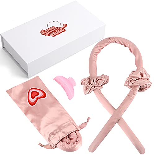Love Child Heatless Curling Rod Headband with 2 Silk Scrunchies and 1 Hair Clip | No Heat Ribbon for Natural, Medium, Long 100 Curls Women – Pink, Rose