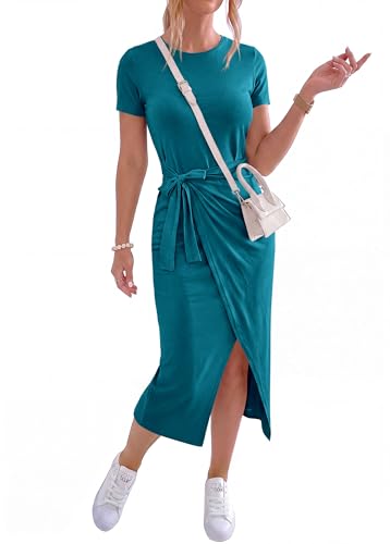 Image of NOLLSOM Women Casual Sleeveless Striped Tank Midi Dresses Halter Neck Ruched Bodycon Dresses Tie Waist T Shirt Summer Dress