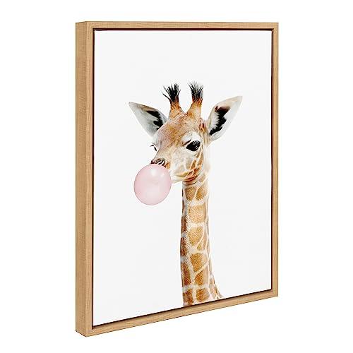 Kate and Laurel Sylvie Bubble Gum Giraffe Framed Canvas Wall Art by Amy Peterson Art Studio, 18x24 Natural, Cute Whimsical Animal Art for Wall by Kate and Laurel - Used condition - US$50.92