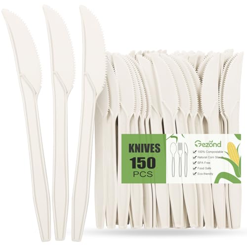 Gezond - Gezond Compostable Knives 150 Count White Heavy-Duty Knives 7.1 Inch Disposable Cutlery Set Biodegradable Utensils for Party Supply