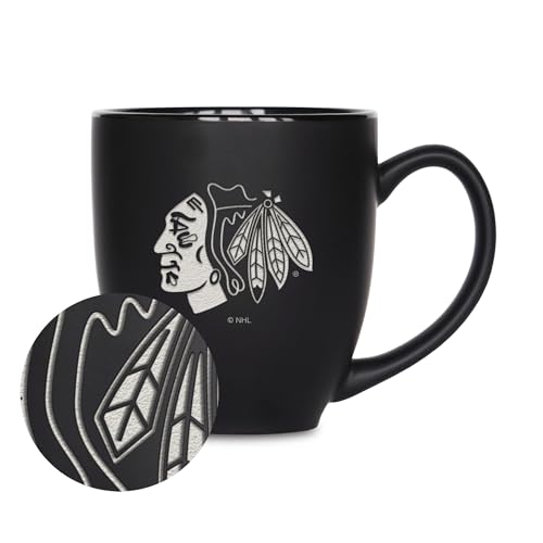 Rico Industries NHL Hockey Chicago Blackhawks 15oz Laser Engraved Matte Black Ceramic Bistro Mug - for Hot or Cold Drinks by Rico Industries - Used condition - US$5.20