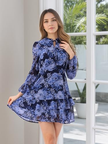 Image of Allegra K Women's Spring Dresses 2026 Tie V Neck Semi Sheer Long Sleeve Layered Tiered Chiffon Mini Floral Dress