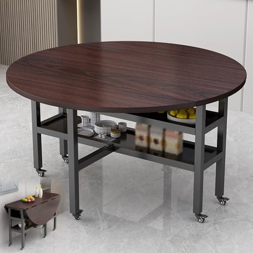 Mesa de comedor redonda plegable, mesa de cocina extensible que ahorra espacio con almacenamiento de doble capa y 6 ruedas universales para sala de estar y balcón