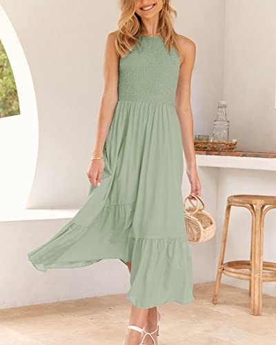 Btfbm Women's Sleeveless Halter Neck Casual Summer Dress Smocked Flowy Irregular Hem Wedding Beach Party Maxi Sundresses(Solid Bean Green, Medium) #TOP6