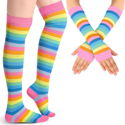 Image of Geyoga Arm Warmers Leg Warmers Striped Thigh High Socks Fingerless Gloves Stockings Christmas Halloween
