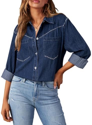 Dokotoo Denim Shirt Women Casual Chambray Jean Western Shirts Country