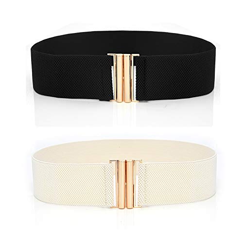 SRTYZ 2pcs Breite Taille Gürtel, Elastische Bund Stretchy Mode Kleid Flach Schnalle Gürtel für Damen Mädchen-Schwarz und Weiß Cover
