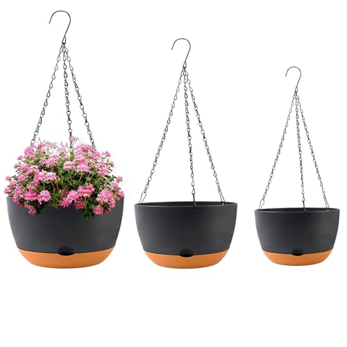 KPUVX 8/10/12 inch Plant Pot Hanging Planters Self Watering Pots for Indoor Plants, 3 Pack Plastic Hanging Basket with Removable Tray for Home Garden Porch Balcony Patio Decor(Black)