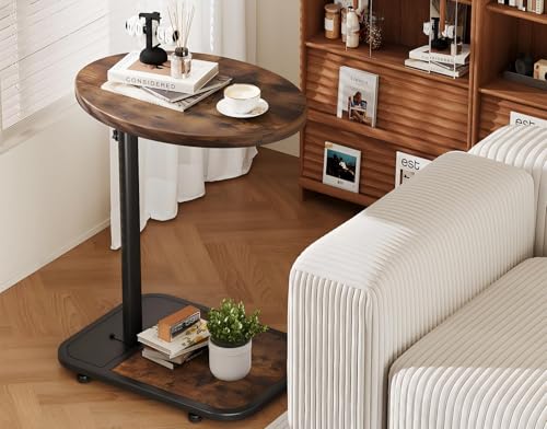 Image of TV Tray Table with Infinite Adjustable Height - C-Shaped Sofa End Side Table for Snack Laptop Desk Small Spaces (Brown)