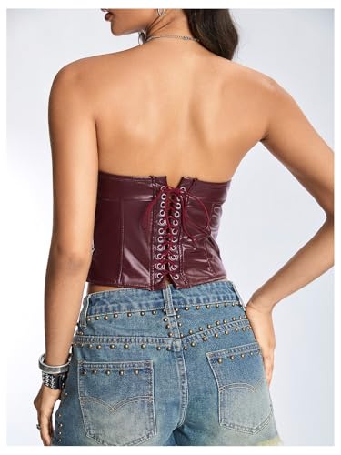 Floerns Women's PU Leather Bandeau Lace Up Back Y2k Club Strapless Tube Top2