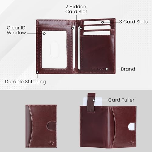 Image of RFID Genuine Leather Card Holder for Men - Slim Wallet with 9 Card Slots, ID Window & Card Puller - Cherry Red