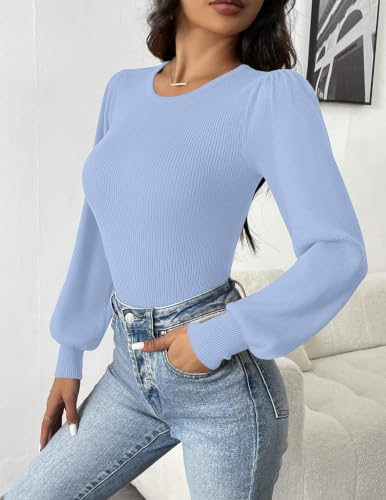 Image of Zeagoo Womens Sweaters Long Sleeve Bodysuits 2026 Fall Crewneck Puff Knit Pullover Tops