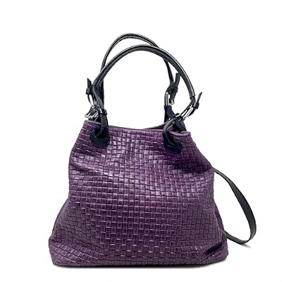 Chicca Borse Borsa a Mano Stampa Intrecciata da Donna con Tracolla in vera pelle made in Italy - 34x29x18 Cm (Viola - Nero)