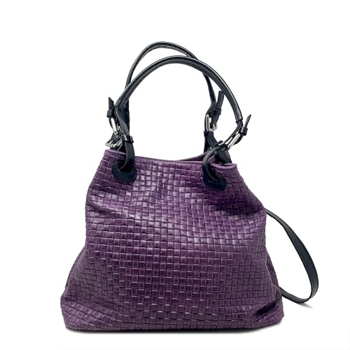 Chicca Borse Borsa a Mano Stampa Intrecciata da Donna con Tracolla in vera pelle made in Italy - 34x29x18 Cm (Viola - Nero)