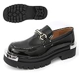 Men's Patent Leather Metal Decoration Chunky Platform Penny Loafers Luxury Round Toe Slip-On Lug Sole Dress Shoes Daily Non-Slip Shock Absorbing Outdoor Work Shoe (Black,10)