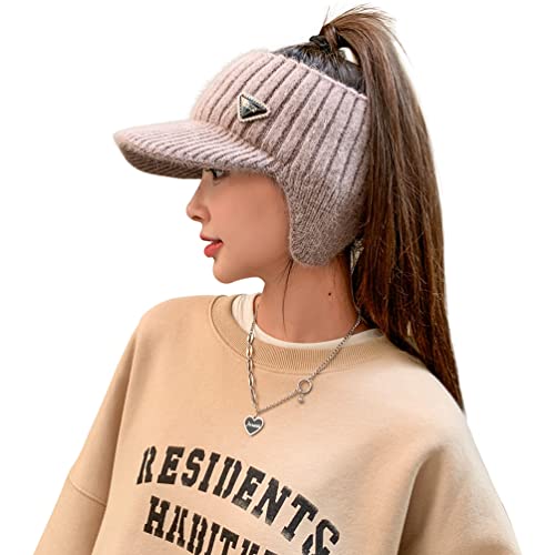 Image of Open Beanie with Earflaps Visor Brim Bun Ponytail Winter Golf Tennis Hats Women