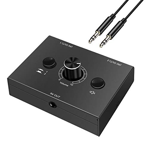 3.5mm Stereo Audio Switch 2-Way 3.5mm Switcher Manual Selector Audio Splitter Box 1 in 2 Out/2 in ONE Out Audio Sharing with Mute Button
