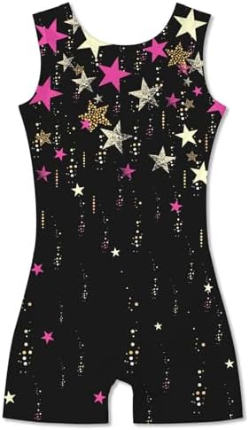 Idgreatim 7t 8t Girls, Little kid Star Gymnastic Leotard Sparkly Black Starry Biketards Unitard with Short Ballet Dance Dress Athletic Activewear Outfits 7-8T